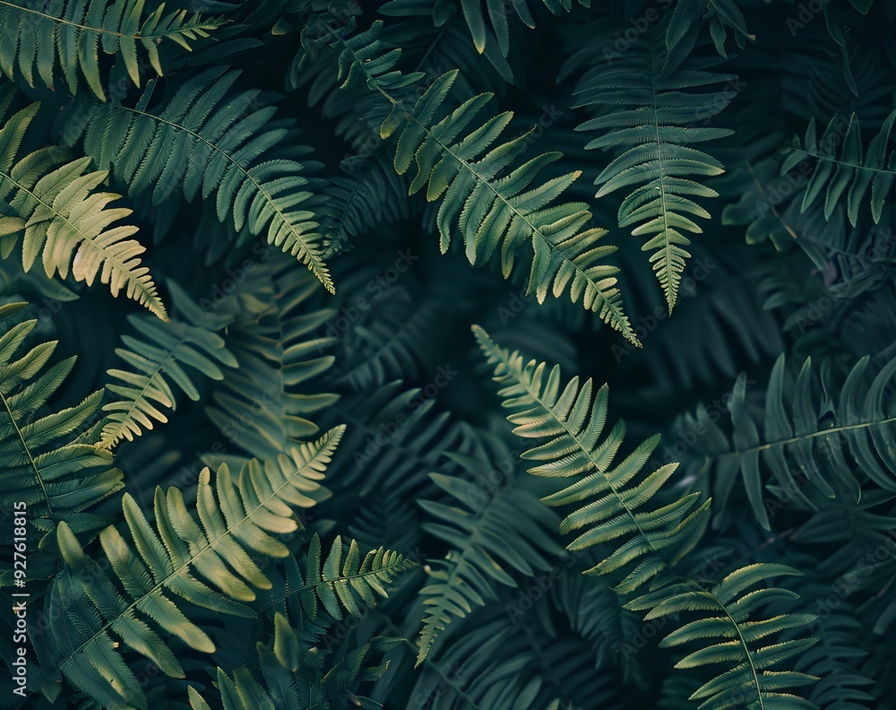 Fototapeta premium Fern leaves in a dark, abstract background, from a top view. Dark green fern textures. A forest vegetation pattern. The shadows of nature leaves. Greenery wallpaper