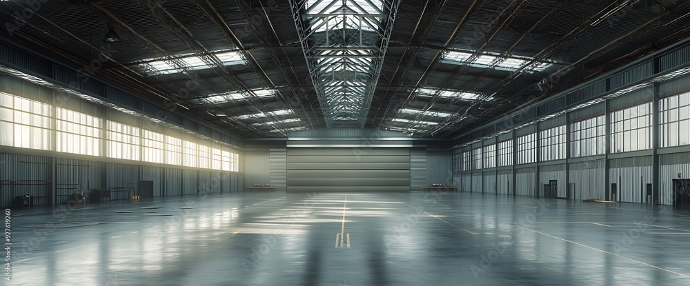 Large empty industrial warehouse space with windows and a large garage door. Large empty industrial warehouse space with windows and a large garage door.