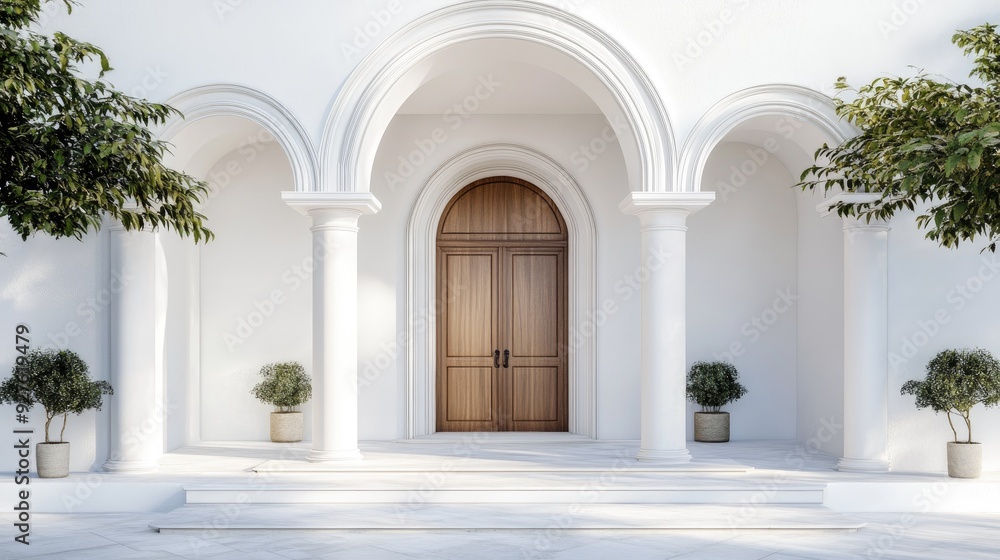 A pristine white building featuring a grand archway with a wooden door, creating an elegant and timeless entrance. A pristine white building featuring a grand archway with a wooden door, creating an elegant and timeless entrance.