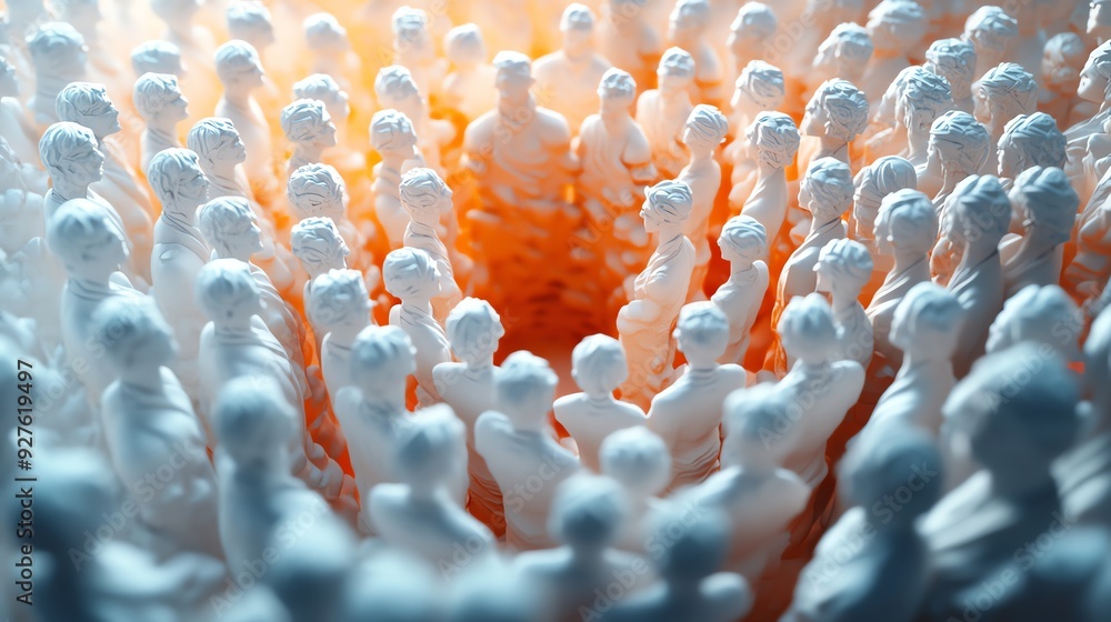 Fototapeta premium Abstract representation of a large group of white figurines gathered in a circular formation, illuminated by a warm light.