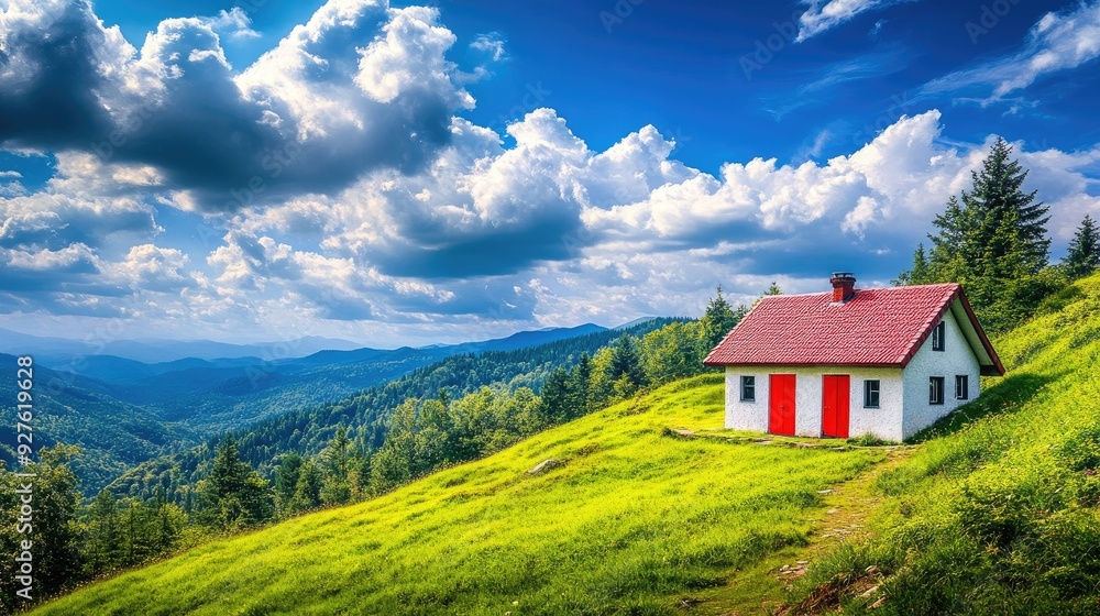 A quaint small house with a bright red door, nestled on a grassy hillside, surrounded by nature, with blue sky and fluffy clouds overhead. A quaint small house with a bright red door, nestled on a grassy hillside, surrounded by nature, with blue sky and fluffy clouds overhead.