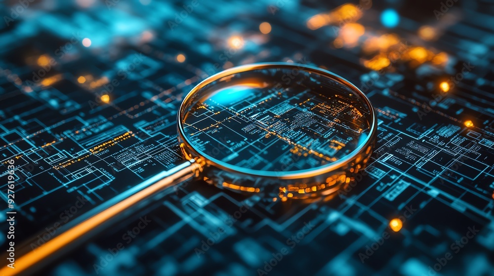 Digital magnifying glass highlighting data on a futuristic circuit ...