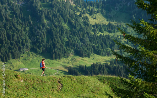 pretty senior woman hiking ...