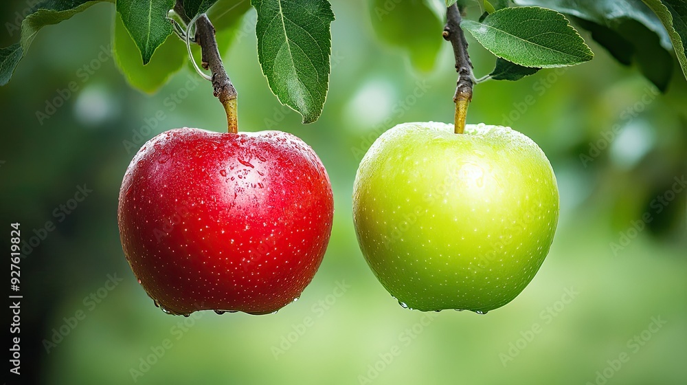 A red apple and a green apple hang together on a tree, symbolizing the different stages of ripeness. A red apple and a green apple hang together on a tree, symbolizing the different stages of ripeness.