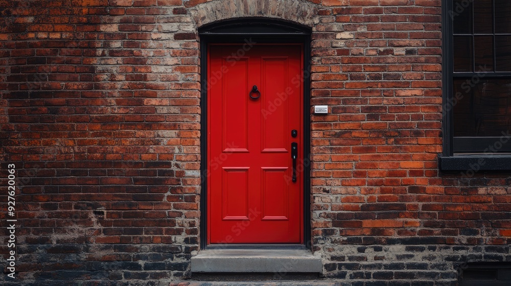 A red door with a simple black handle on a brick building, creating a vivid and classic architectural scene. A red door with a simple black handle on a brick building, creating a vivid and classic architectural scene.