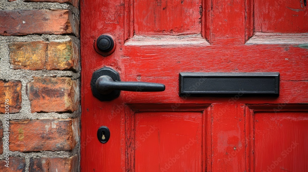 A red door with a black handle in front of a rustic brick wall, blending modern design with traditional architecture. A red door with a black handle in front of a rustic brick wall, blending modern design with traditional architecture.
