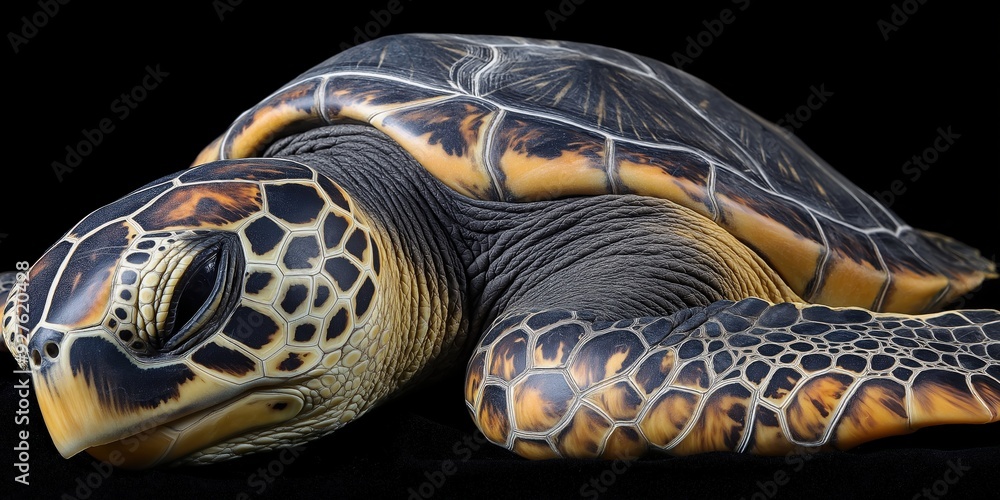 Photo of a marine turtle isolated against a black background, emphasising the marine turtle's majestic features. Wildlife and conservation concept, space for copy. Photo of a marine turtle isolated against a black background, emphasising the marine turtle's majestic features. Wildlife and conservation concept, space for copy.
