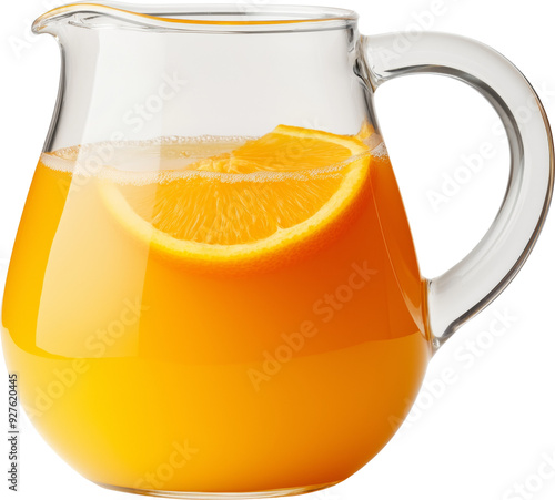 Freshly squeezed orange juice filled glass pitcher with a slice of orange garnish isolated on transparent background. photo