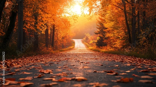 An autumn landscape featuring a long, winding road lined with trees in full fall color, with a thick carpet of leaves covering the road and the distant hills bathed in the golden light of sunset photo