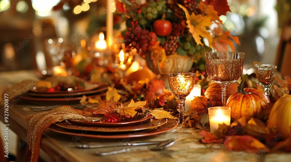 An elegant autumn scene of a decorative table setting for a fall feast, with a tablecloth scattered with leaves, autumn-themed centerpieces, and candles, creating a warm, inviting atmosphere An elegant autumn scene of a decorative table setting for a fall feast, with a tablecloth scattered with leaves, autumn-themed centerpieces, and candles, creating a warm, inviting atmosphere