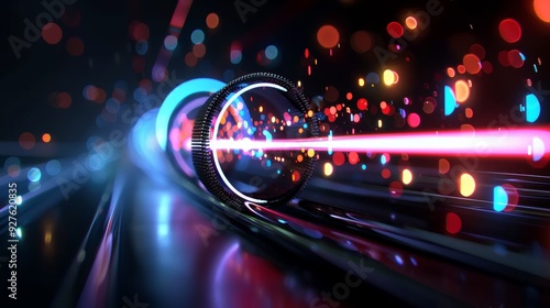 Abstract futuristic light trail with vibrant bokeh and neon circles, creating a sense of motion and technology in a dark background.