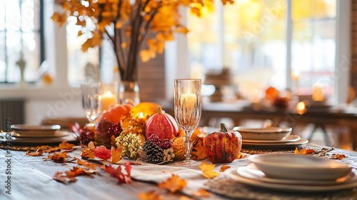 An elegant autumn scene of a decorative table setting for a fall feast, with a tablecloth scattered with leaves, autumn-themed centerpieces, and candles, creating a warm, inviting atmosphere photo