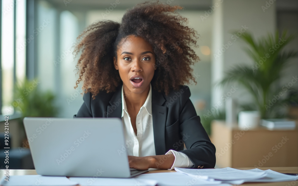 black woman with surprise facial expression at office black woman with surprise facial expression at office