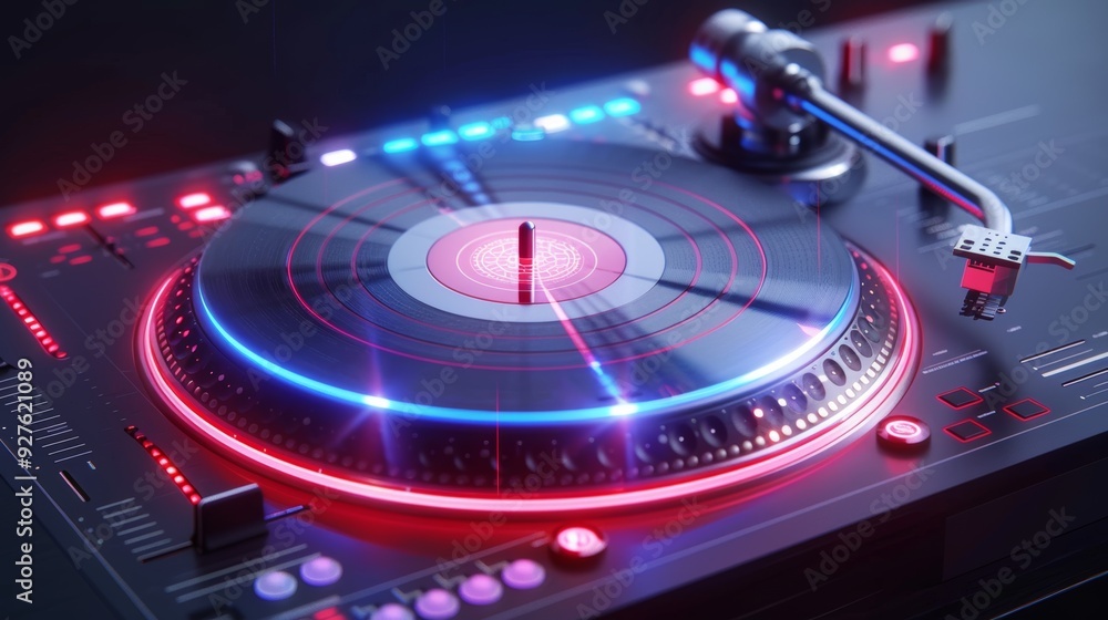 Close-up of a DJ turntable with vibrant LED lights, perfect for music event promotions or DJ-related content. High-quality image for versatile use. Close-up of a DJ turntable with vibrant LED lights, perfect for music event promotions or DJ-related content. High-quality image for versatile use.