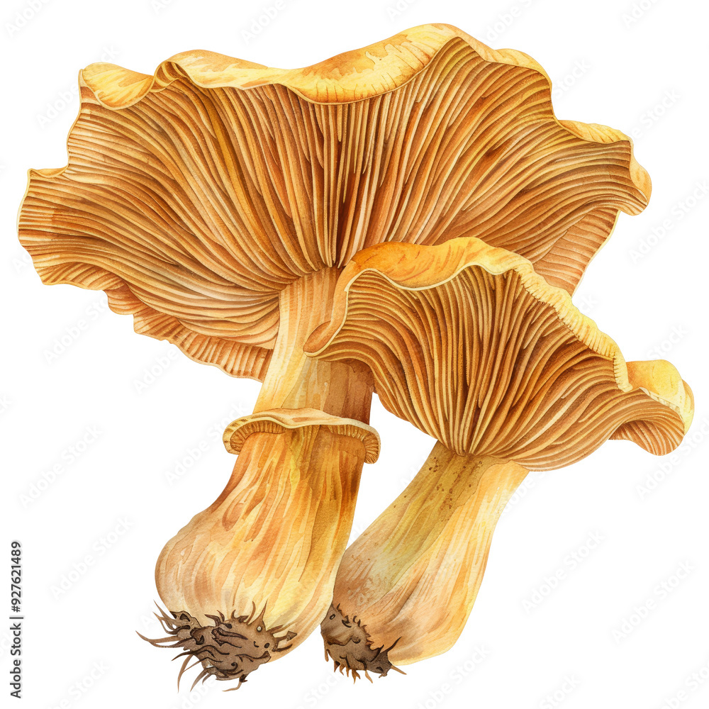 Detailed Illustration of Two Chanterelle Mushrooms with Texture. Detailed Illustration of Two Chanterelle Mushrooms with Texture.