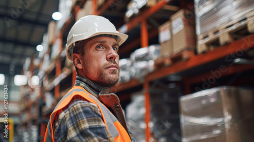 A man in a safety vest stands in a warehouse