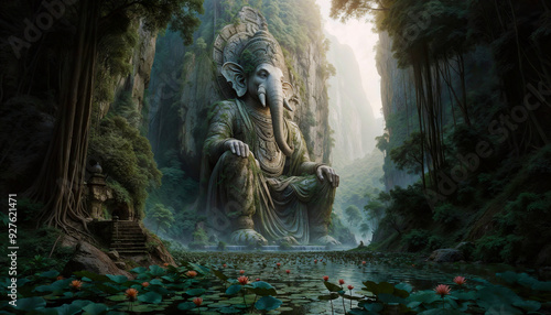 Fototapeta Naklejka Na Ścianę i Meble -  Old huge statue of Lord Ganesha in a jungle