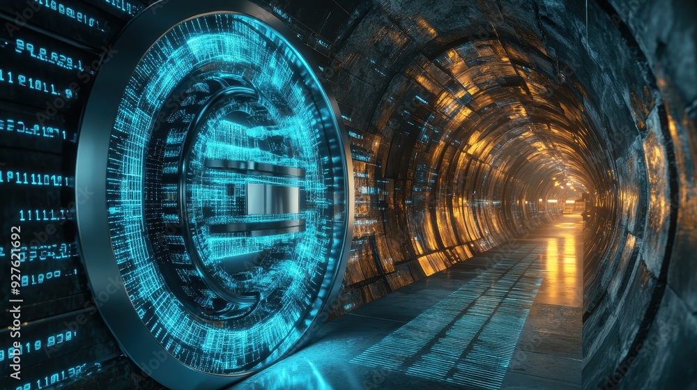 Futuristic Sci-Fi Tunnel with Glowing Digital Interface and Abstract Code. Futuristic Sci-Fi Tunnel with Glowing Digital Interface and Abstract Code.