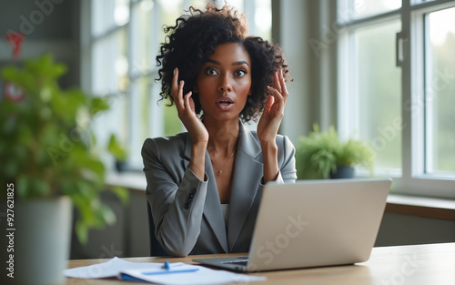 black woman with surprise facial expression at office