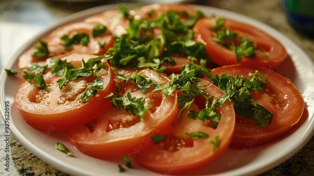 A simple yet appetizing plate of tomato slices with finely chopped parsley, emphasizing the freshness and vibrant colors of the ingredients. A simple yet appetizing plate of tomato slices with finely chopped parsley, emphasizing the freshness and vibrant colors of the ingredients.