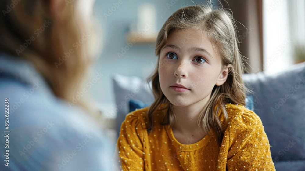 A girl in a yellow shirt is sitting on a couch and looking at someone A girl in a yellow shirt is sitting on a couch and looking at someone