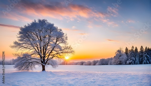 serene winter landscape with a snow covered tree and a vibrant sunrise