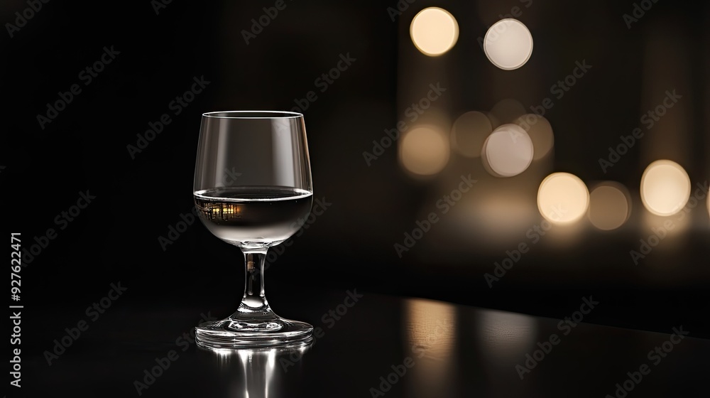 A single glass of white liquor on a dark table, with soft lighting highlighting the contours of the glass and the drink clarity.