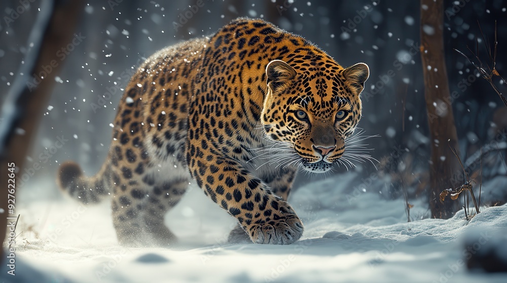 Majestic Amur Leopard Walking Through Snowy Forest in Winter. Majestic Amur Leopard Walking Through Snowy Forest in Winter.