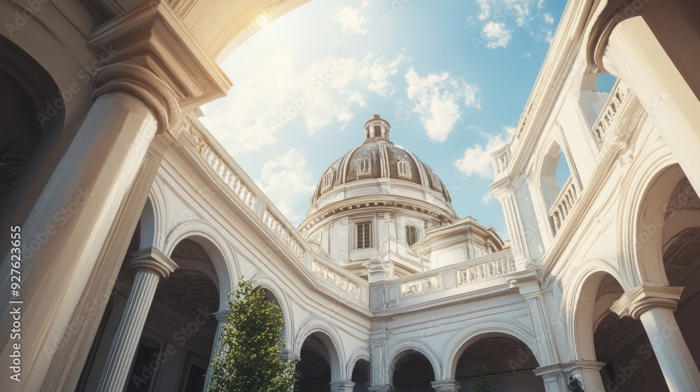 Obraz premium A stunning white building with a grand dome on top, bathed in sunlight, creating a majestic architectural scene.
