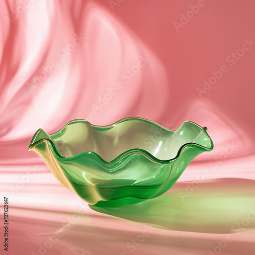 Weavy green glass bowl with pink background