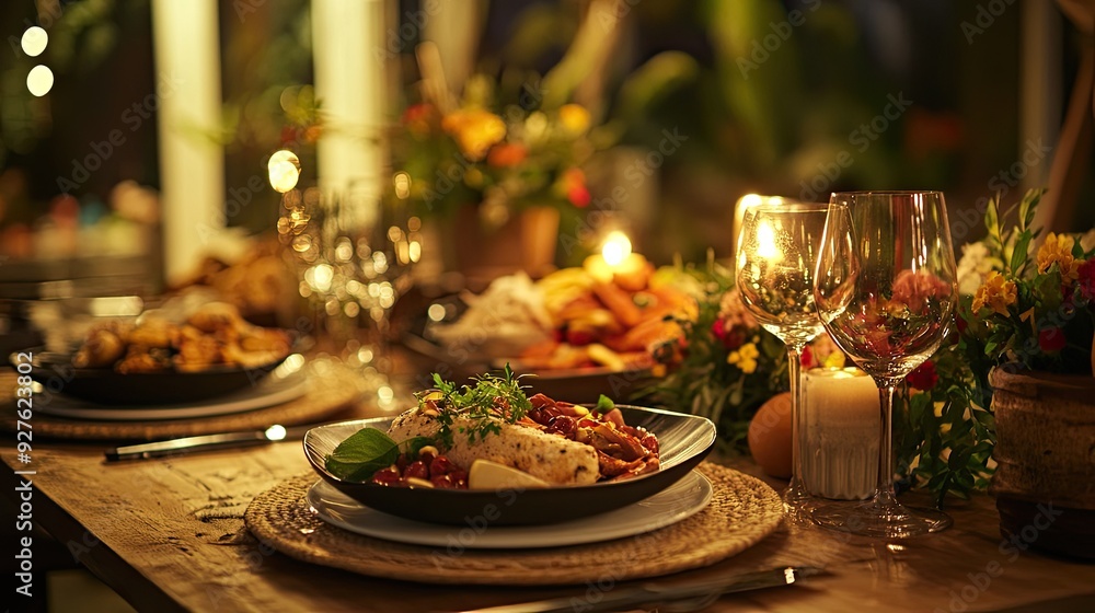 A stylish dinner party table arrangement with gourmet food, decorative plates, and a warm ambiance, perfect for an evening of celebration and joy. A stylish dinner party table arrangement with gourmet food, decorative plates, and a warm ambiance, perfect for an evening of celebration and joy.