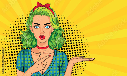 A sexy girl with green hair and a bow is showing something in your advertisement. Advertising vector design of girls presenting something in pop art style