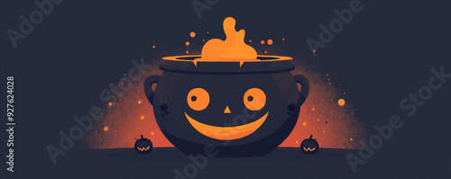 Cauldron with a spooky face. Vector flat isolated.