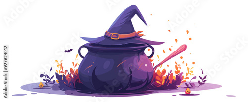 Cauldron with a witch's hat nearby on a white background. Vector flat isolated.