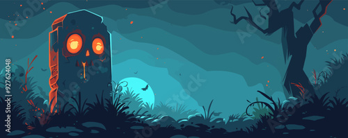 Tombstone with a spooky face. Vector flat isolated.