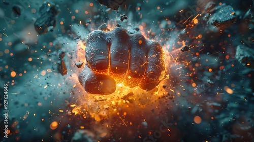 A person smashing through a brick wall with their fists, debris flying as light pours in from the newly created opening, captured in a dramatic,