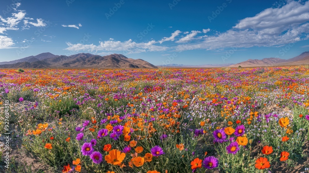 Vibrant Wildflower Superbloom in the Desert with Mountain Background. Vibrant Wildflower Superbloom in the Desert with Mountain Background.