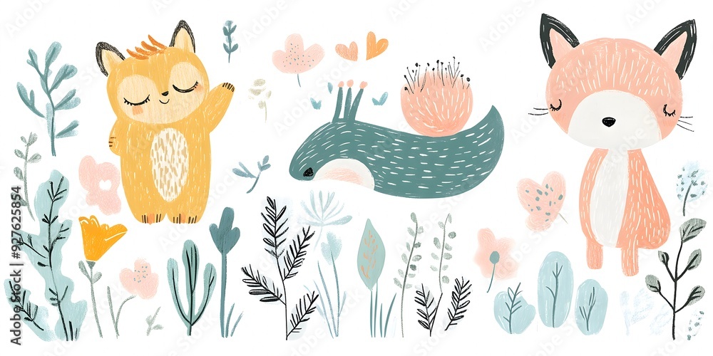 Fototapeta premium Cute Boho Woodland Clipart featuring whimsical forest animals and nature-inspired elements in a soft, bohemian style.