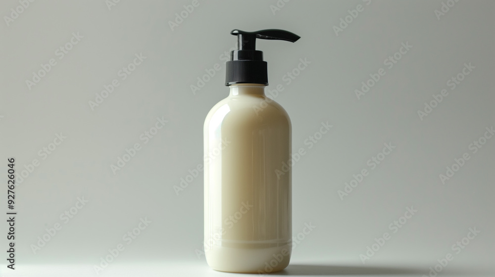 Plastic white and black bottle of hand lotion without a label, soap, cream, washing gel, cosmetics container, grey background Plastic white and black bottle of hand lotion without a label, soap, cream, washing gel, cosmetics container, grey background