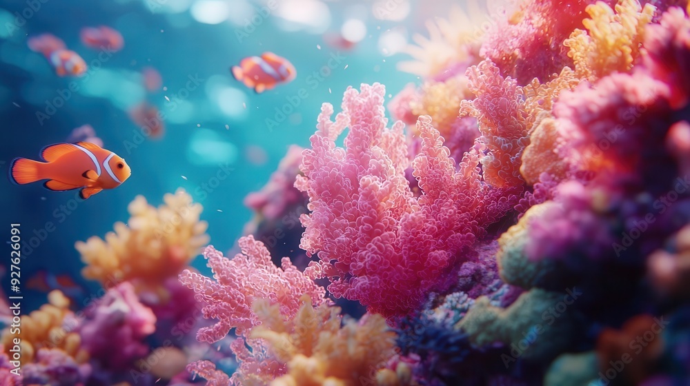 Naklejka premium Softfocus view of a coral reef from the perspective of a small fish, creating an intimate and immersive scene within the underwater world