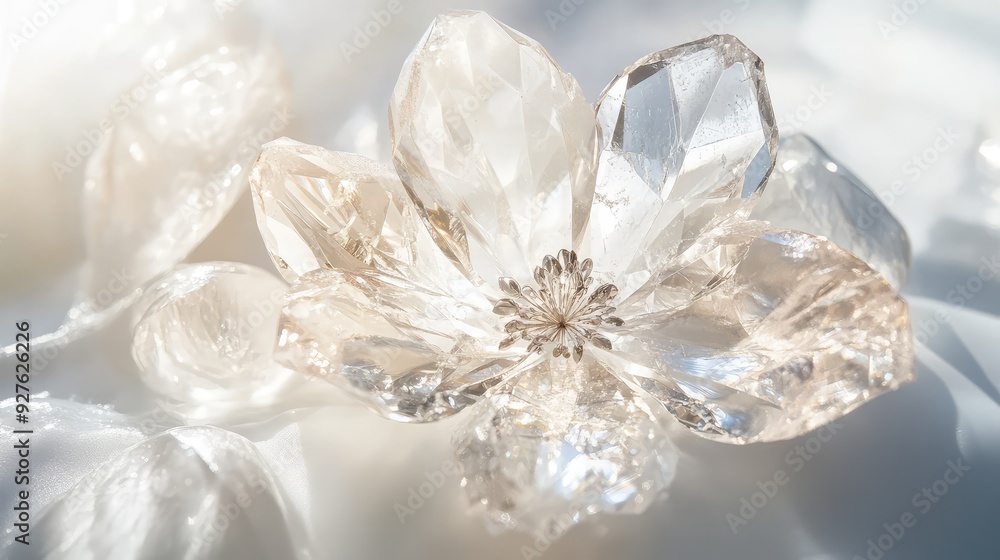 A radiant crystal flower centered on a white background, capturing the light beautifully. A radiant crystal flower centered on a white background, capturing the light beautifully.