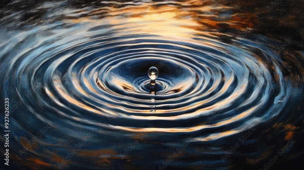 A water drop hits the surface of a body of water, with ripples extending in a harmonious pattern. A water drop hits the surface of a body of water, with ripples extending in a harmonious pattern.