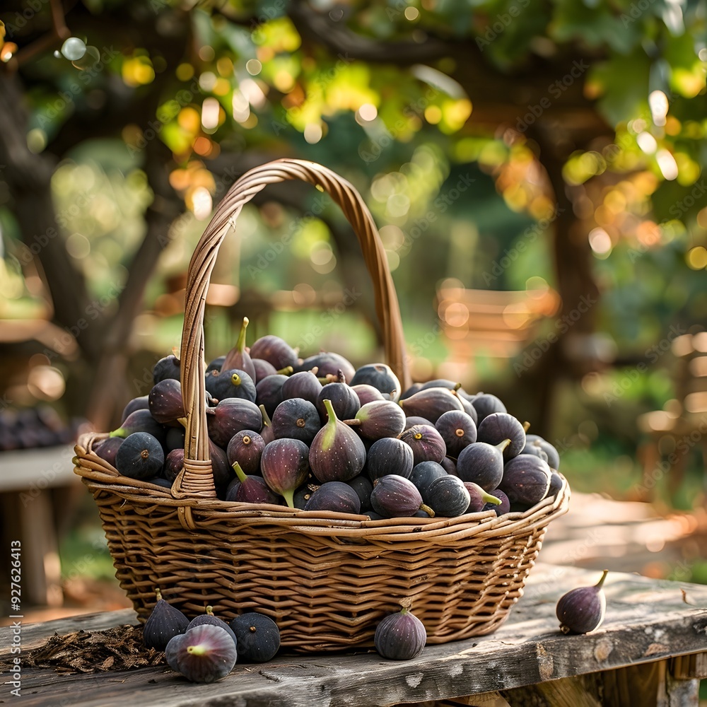 Serene Garden Scene with Rustic Basket of Figs on Wooden Table Capturing Natural Beauty and Simplicity Serene Garden Scene with Rustic Basket of Figs on Wooden Table Capturing Natural Beauty and Simplicity