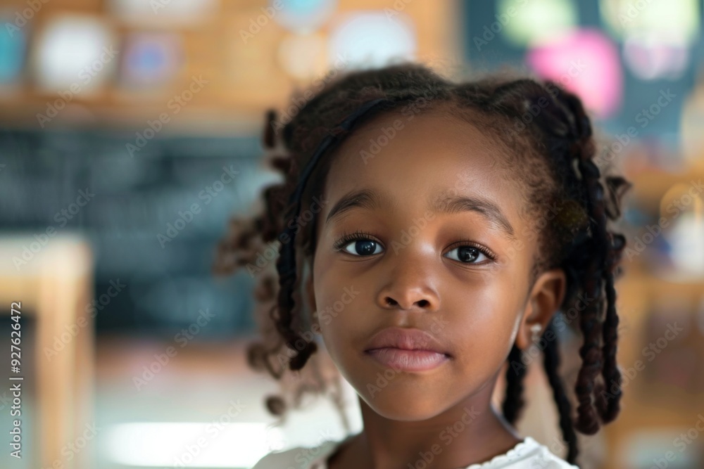 Cute little girl in blurred classroom looking at camera Cute little girl in blurred classroom looking at camera