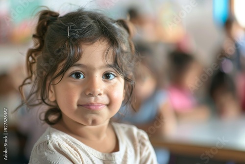 Cute little girl in blurred classroom looking at camera