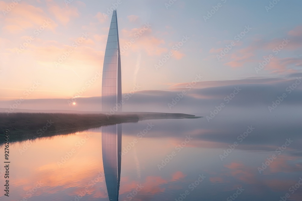 Fototapeta premium A Towering Structure Reflecting in a Misty Lake at Dawn