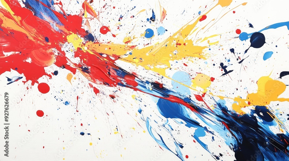 A white canvas with vibrant splatters of red, blue, and yellow paint, creating a dynamic and energetic composition. A white canvas with vibrant splatters of red, blue, and yellow paint, creating a dynamic and energetic composition.