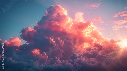 A shy cloud with rosy cheeks, floating lazily in a calm, pastel sky, with soft rays of sunlight breaking through, casting a gentle glow on the landscape below, hd quality, natural look. photo