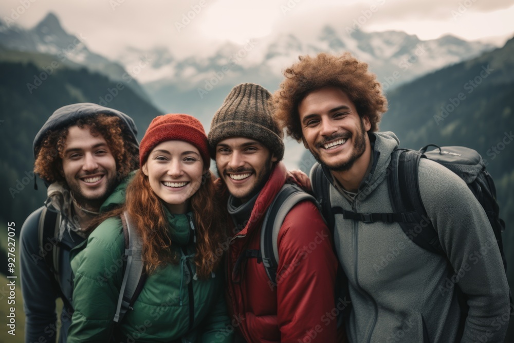 Group portrait of diverse young hikers in the mountains Group portrait of diverse young hikers in the mountains