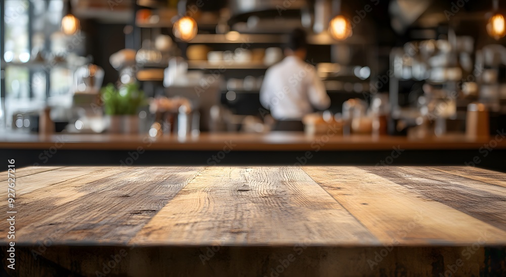 Restaurant kitchen with empty wooden table top and a busy chef working in restaurant kitchen on Blurred background. For product display montage Restaurant kitchen with empty wooden table top and a busy chef working in restaurant kitchen on Blurred background. For product display montage